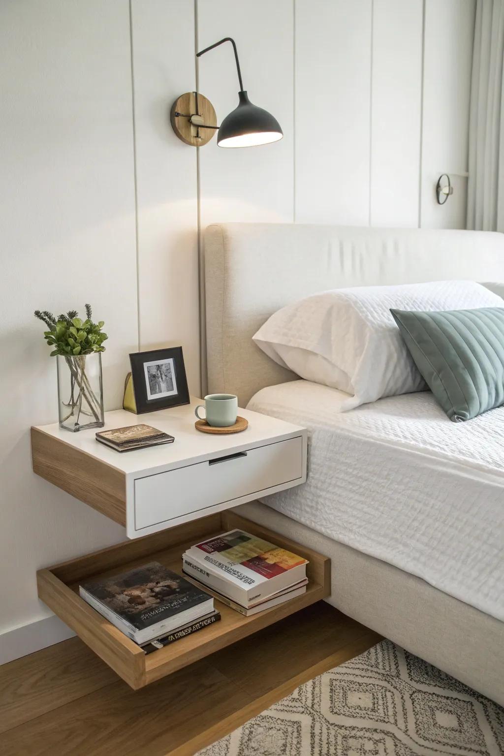 Suspended shelves function as a chic substitute for conventional nightstands.