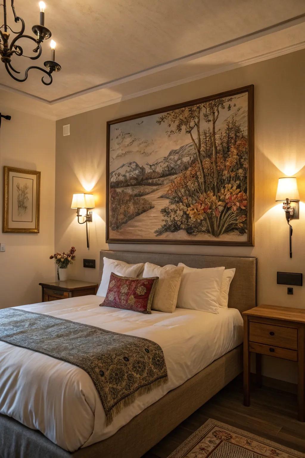 Sconces highlight artwork, turning it into a focal point.