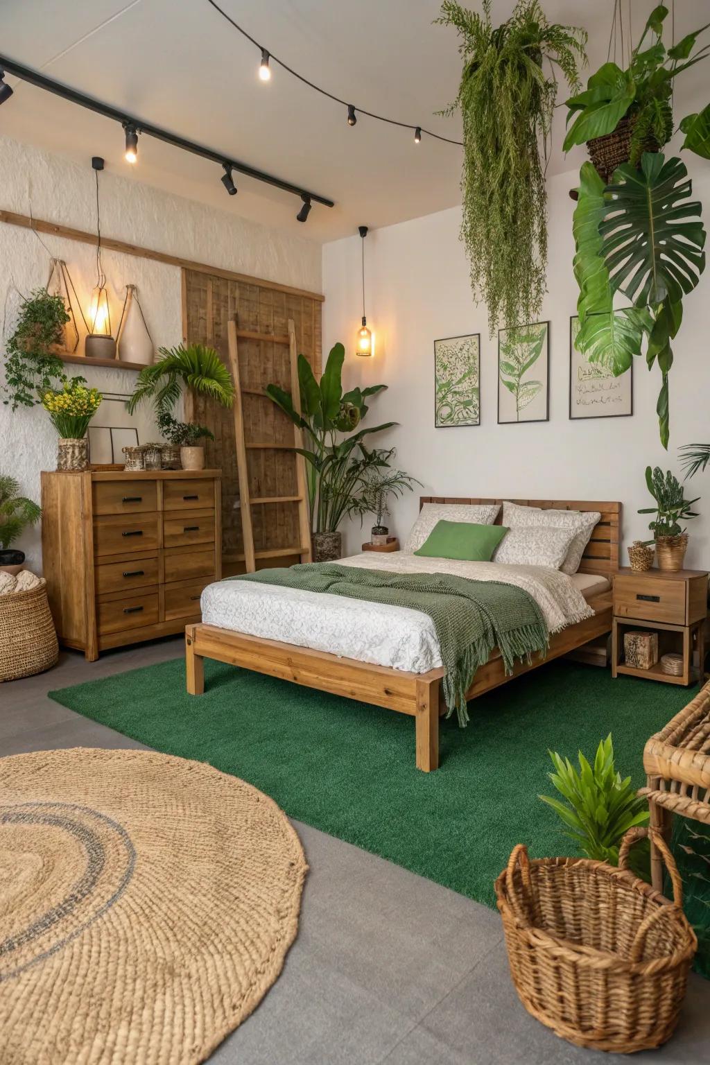 Sustainable decor harmonizes with the emerald floor covering, creating a nature-inspired haven.