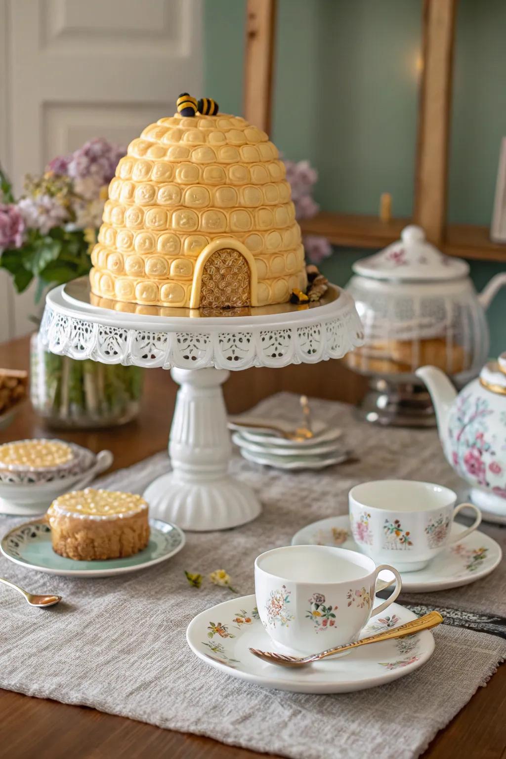 A honeycomb sweet stand constitutes the table centerpiece of any delightful rendezvous.