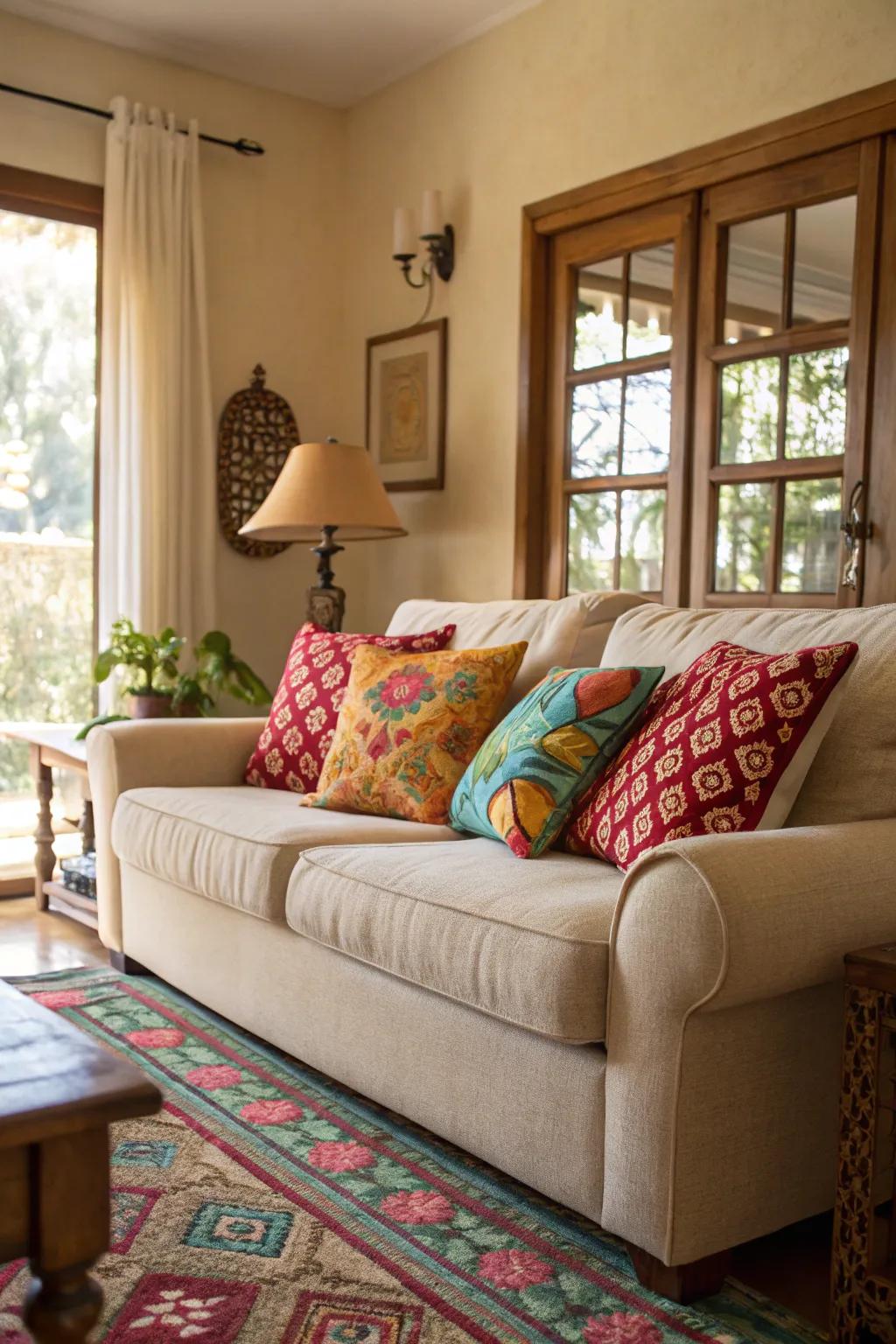 Bright cushions add a playful pop of color to a sand-toned sofa living room.