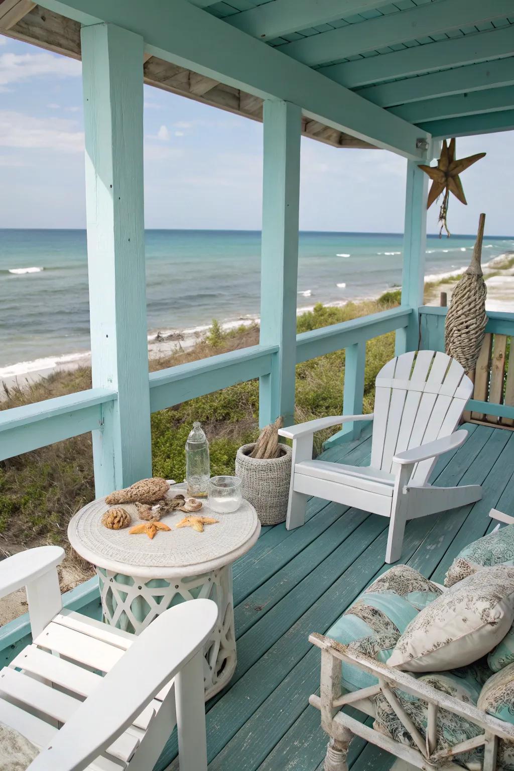 Aqua blue decks evoke a refreshing coastal feel.