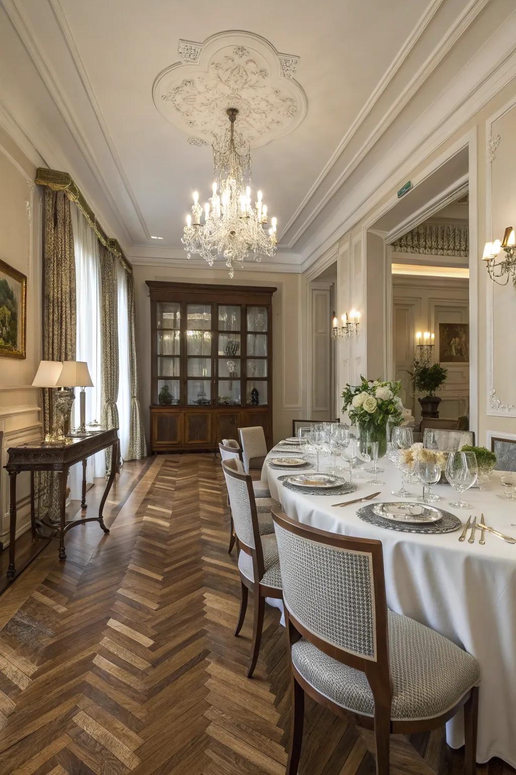 Herringbone wood flooring enhances the sense of elegance and style.