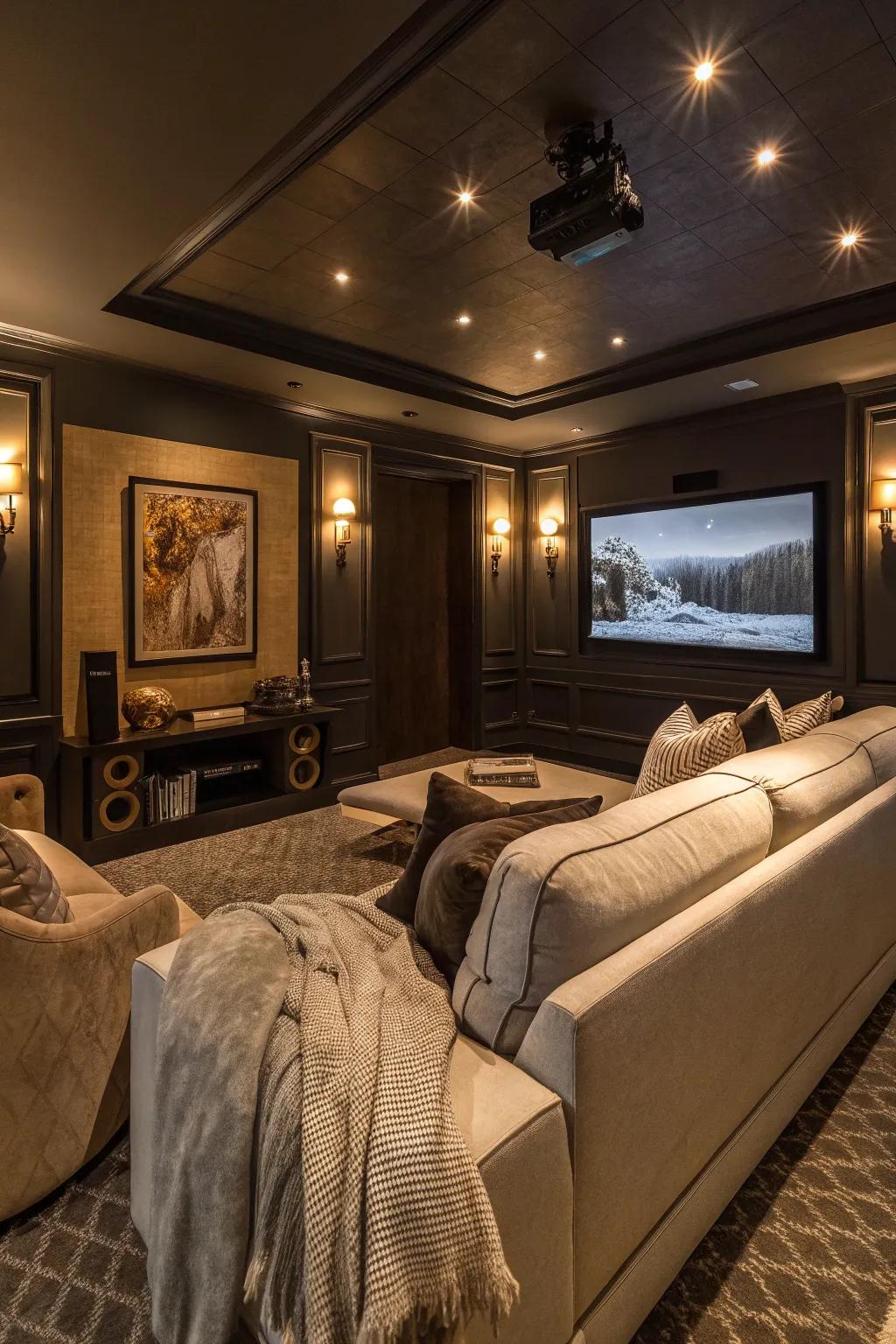 Intimate seating nooks enhance the cozy atmosphere of this home theater.