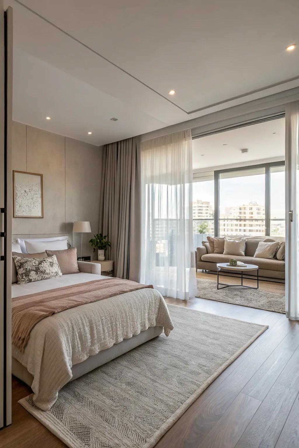 A spacious bedroom with an open layout, smoothly connecting to other areas.