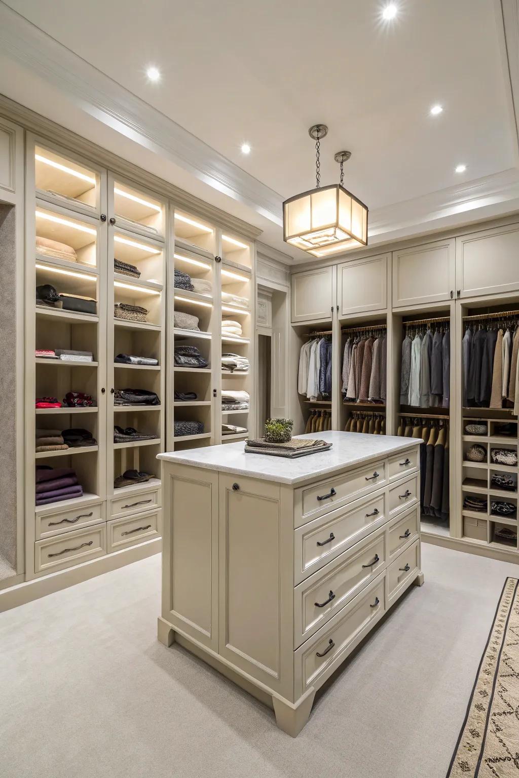 A spacious closet featuring a central island for storage and display.