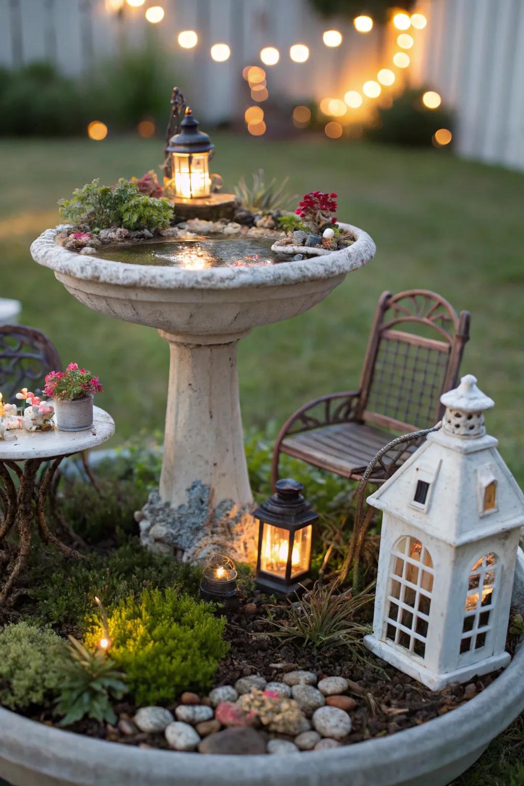 A miniature garden bird bath establishes a magical ambiance.