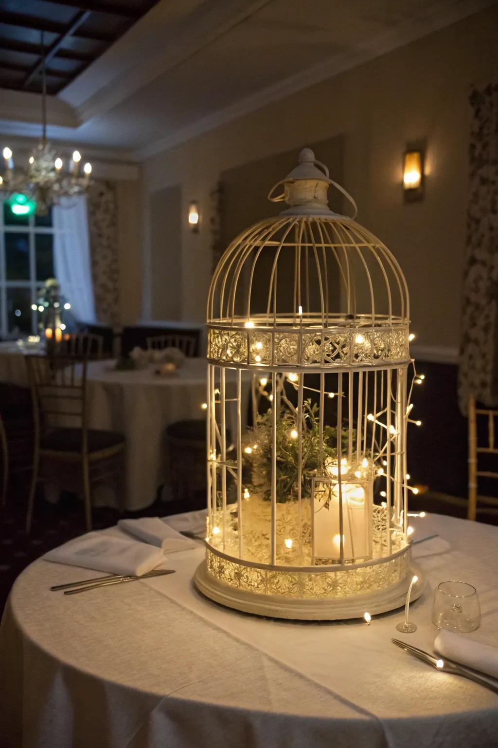 A whimsical bird sanctuary centerpiece featuring shimmering fairy lights.