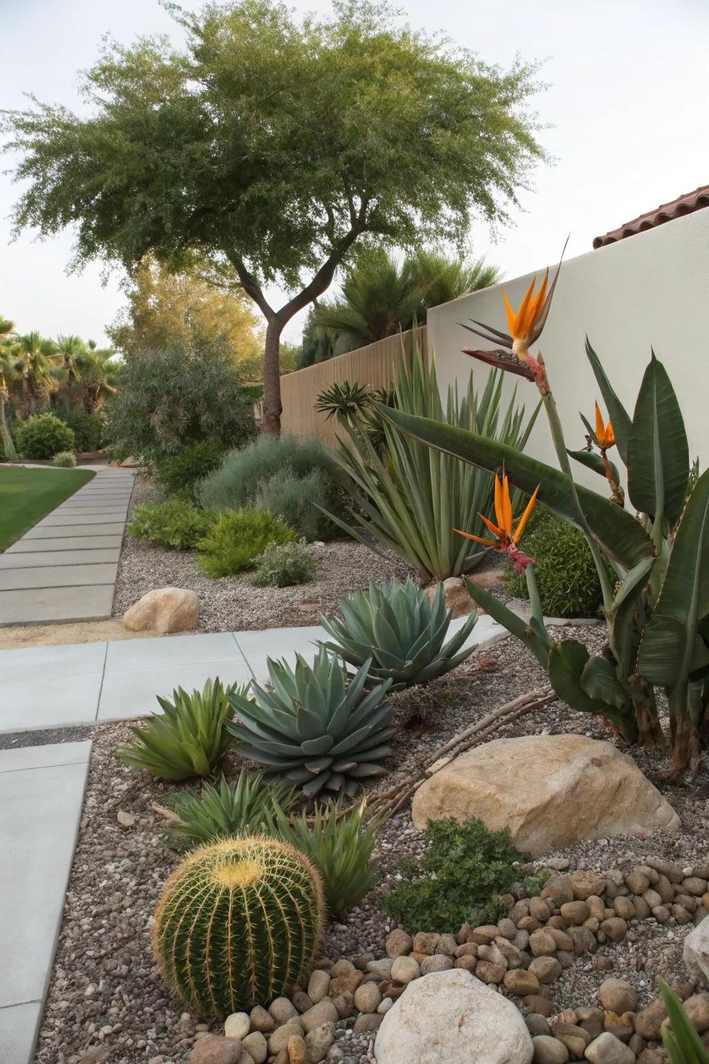 Bird of Paradise flourishes in a sustainable, low-water garden.