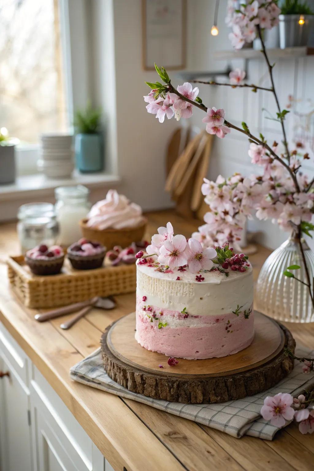 Floral essences heighten the gustatory experience of this cherry blossom cake.