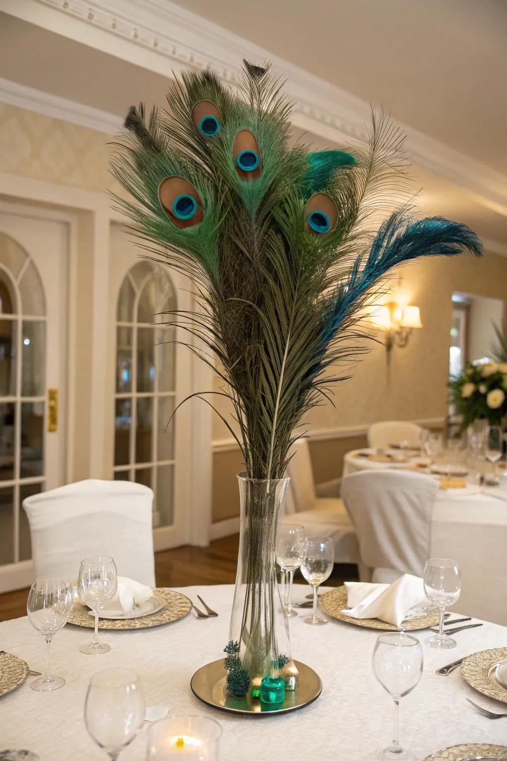 Iridescent quills impart vibrant sophistication to a birthday centerpiece.