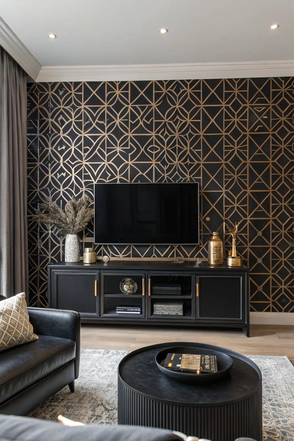 Patterned wall covering enriches intrigue to a dark accent wall.