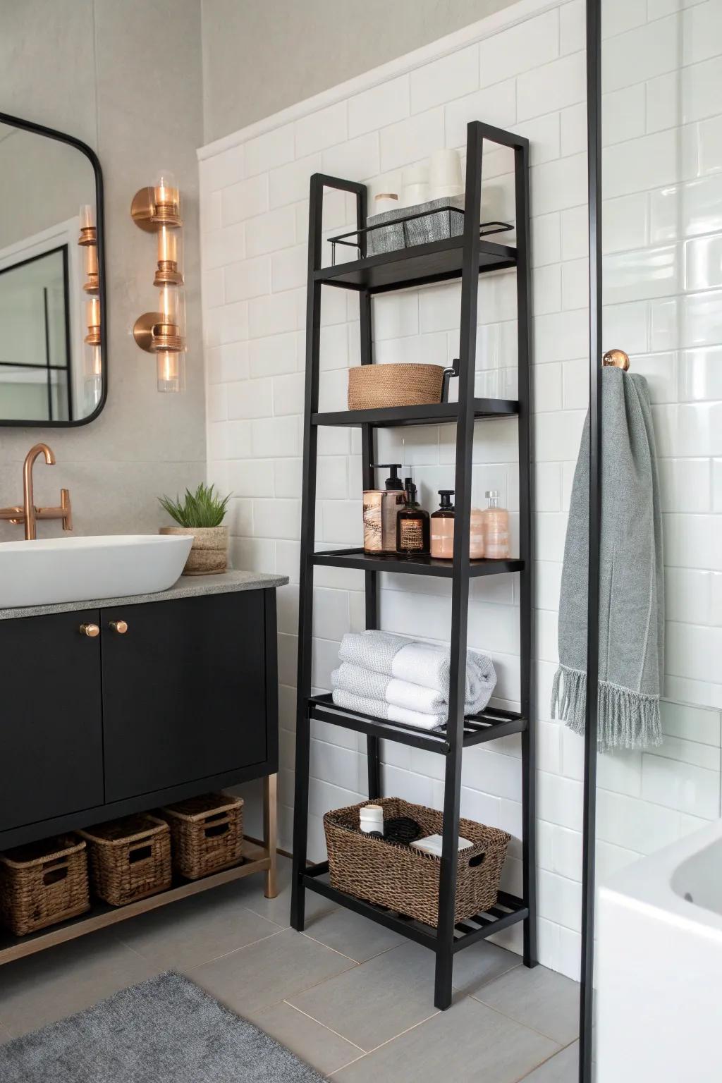Sleek storing remedies retain the bathroom's tidiness and panache.