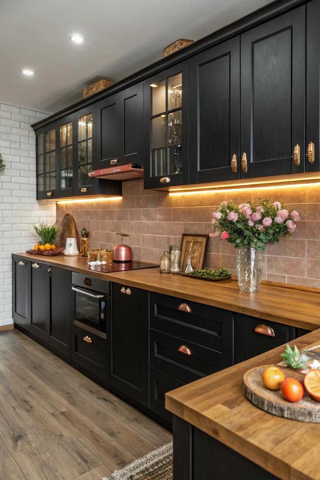 Wood and bronze provide a warm comparison in a dark kitchen.
