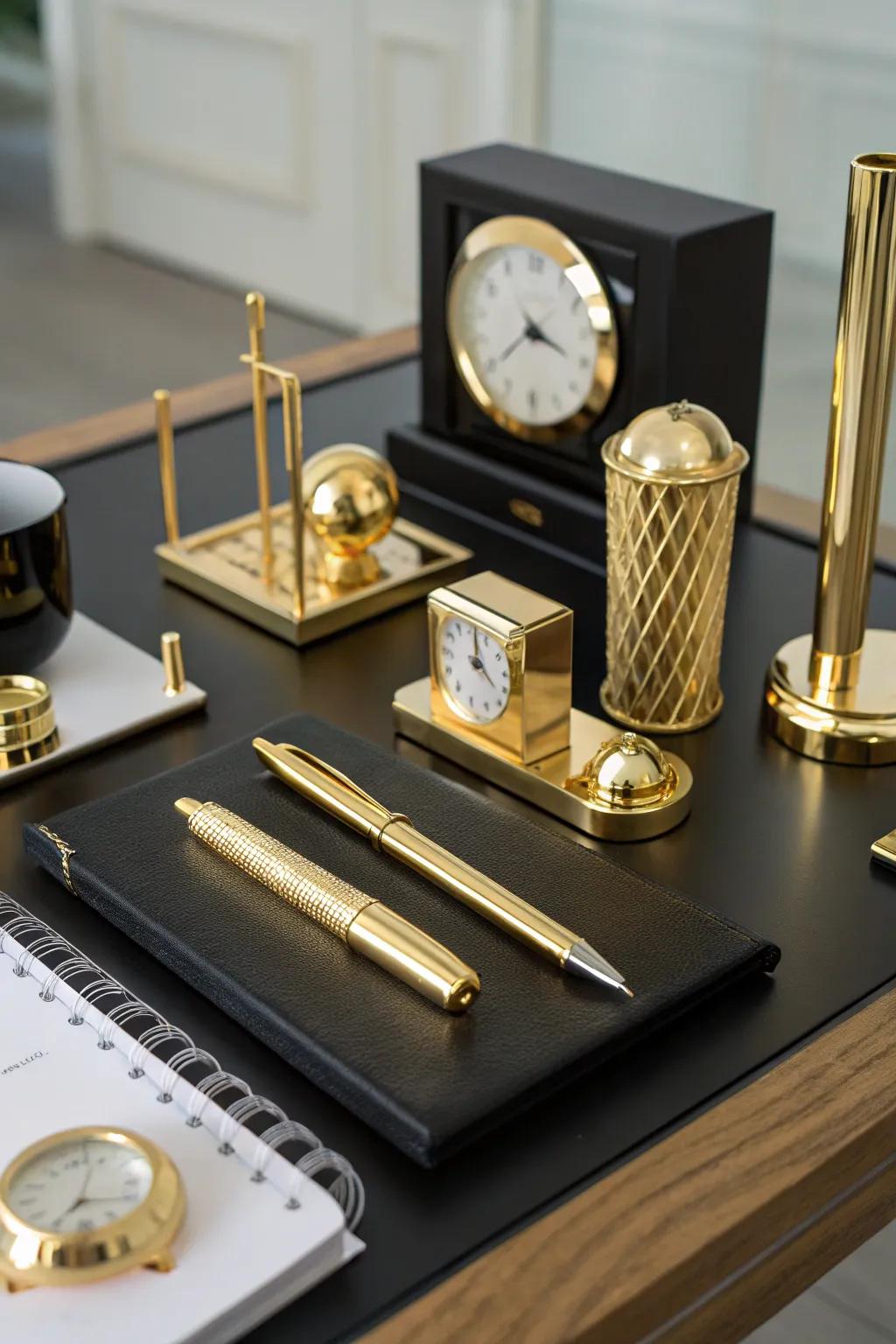 Gilded desk accessories contribute to both elegance and utility within your workspace.