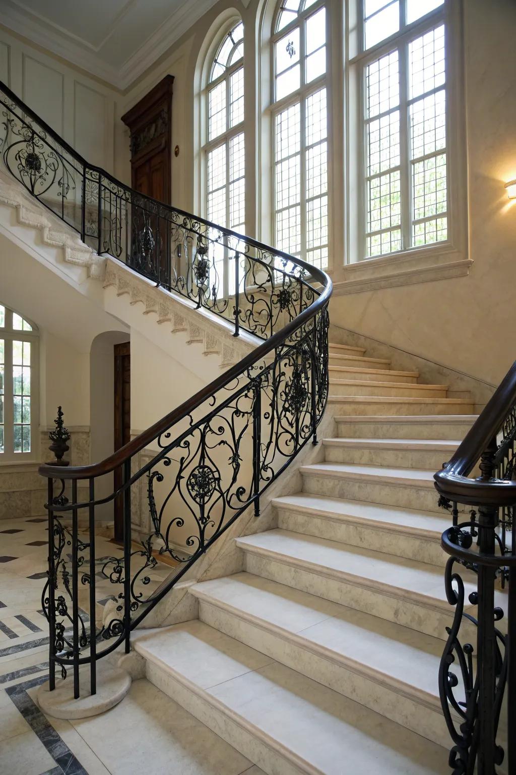 Metal-worked spindles imbue classic sophistication to a noir and blanc staircase.