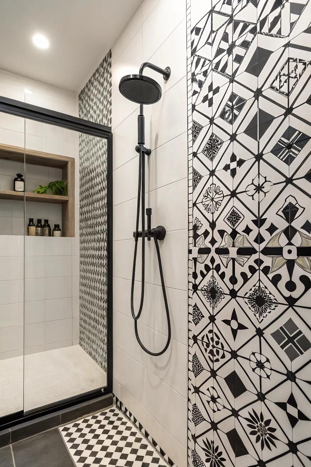 Monochrome ornamentation complements the tile design.