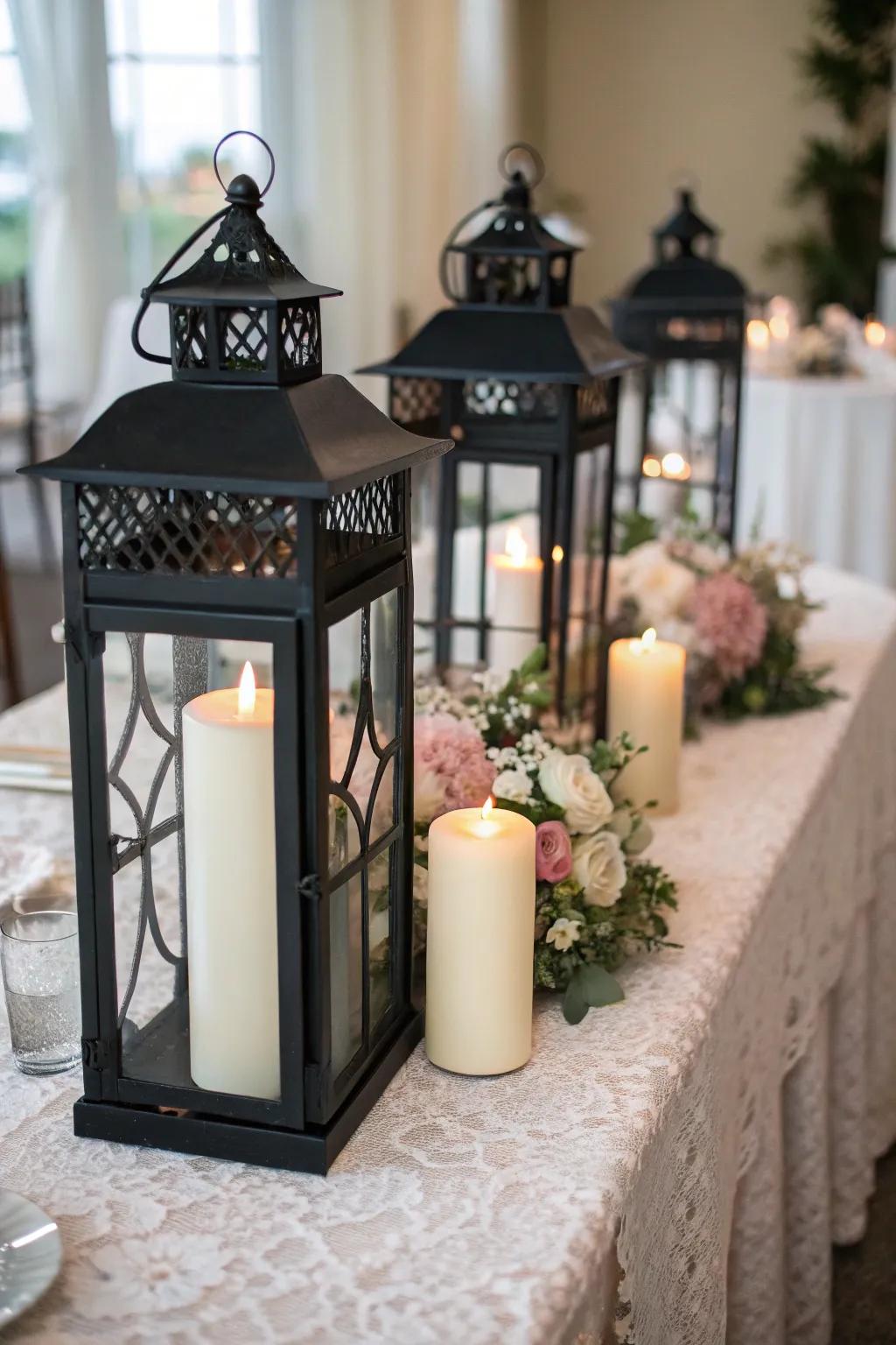 Ebony lanterns with ivory lights produce a warm, inviting atmosphere.