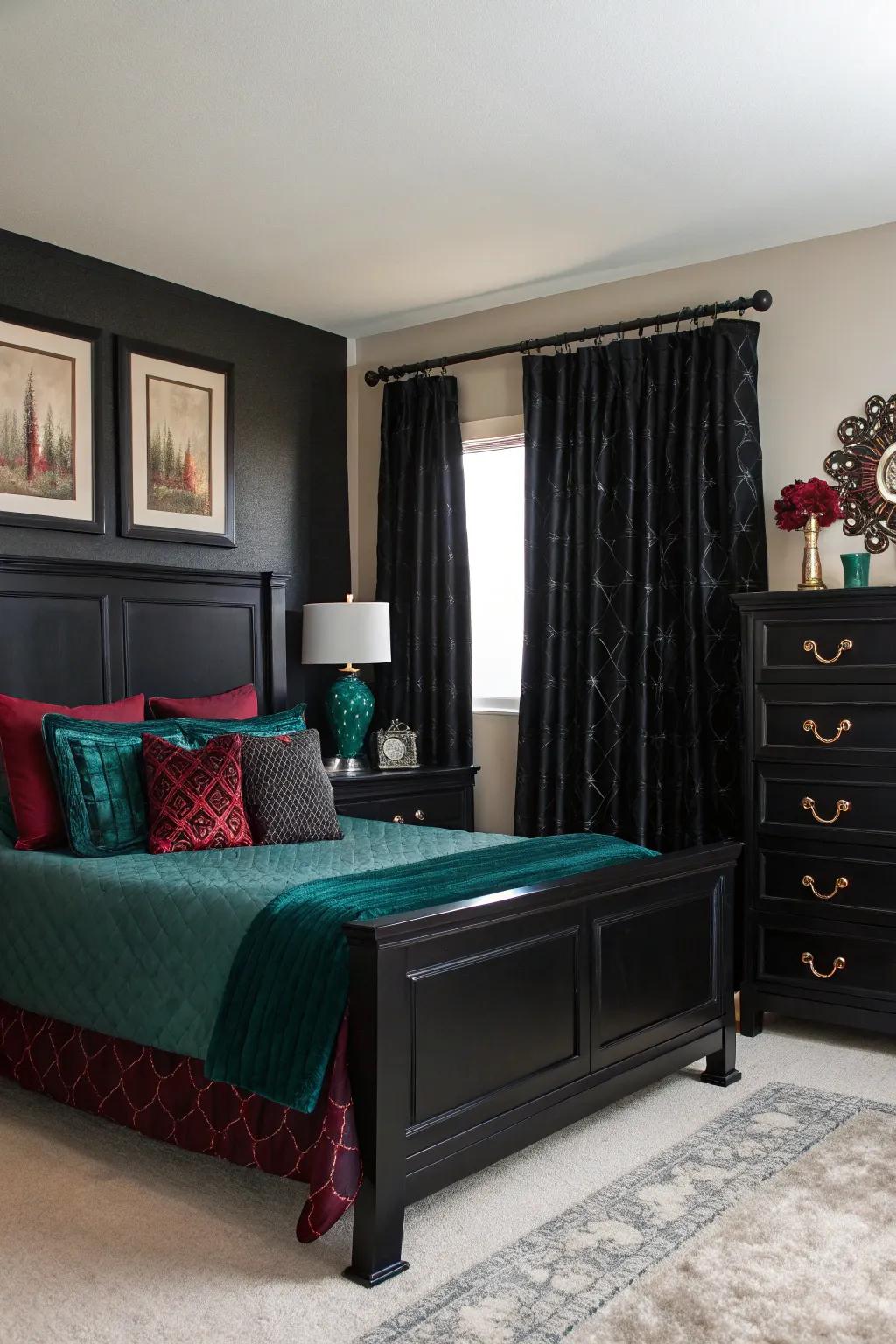 Rich jewel-toned details infuse a hint of opulence into this bedroom.
