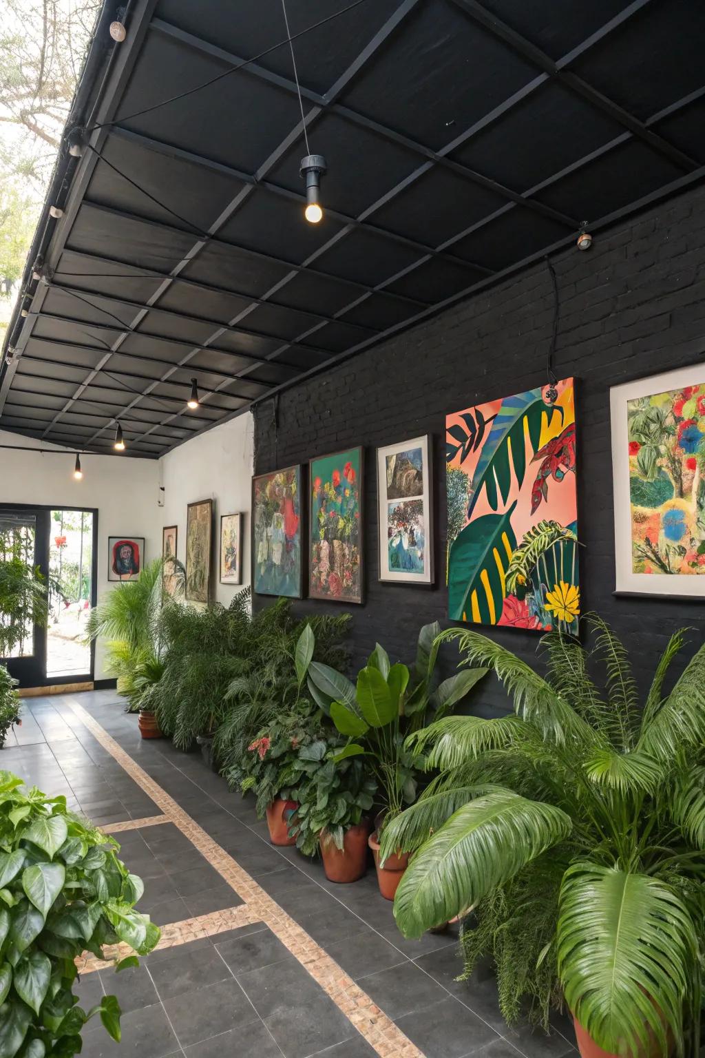 An artistic room where decor accents a dark overhead.