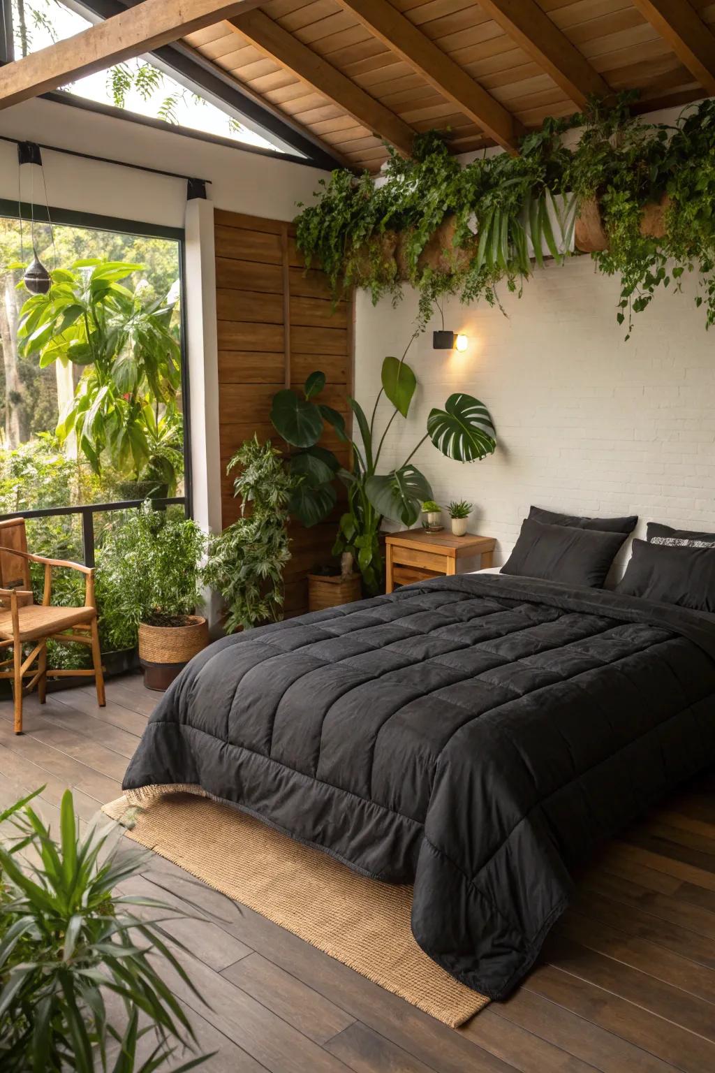 A refreshing bedroom blending natural elements with bold bedding.