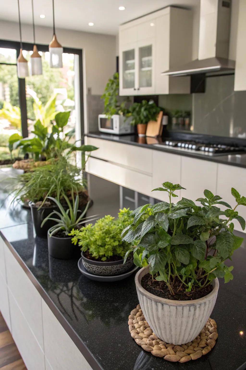 Greenery brings a fresh contrast to black countertops.