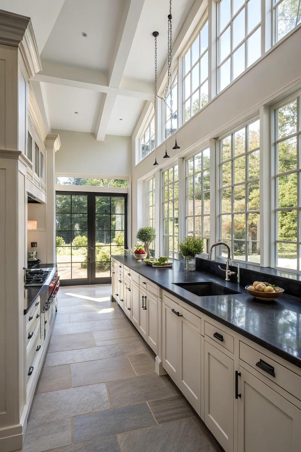 Substantial windows and intelligent design maintain ebony worktops airy.