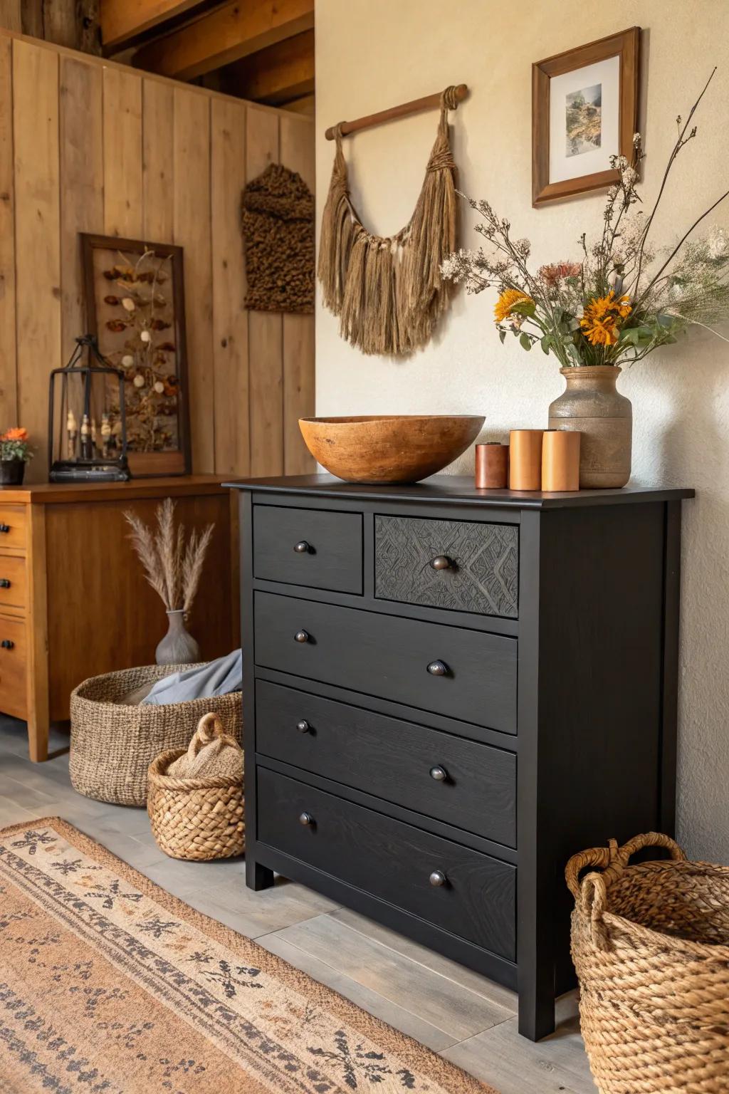 A rustic and elegant dark wood dresser setup with wooden elements.