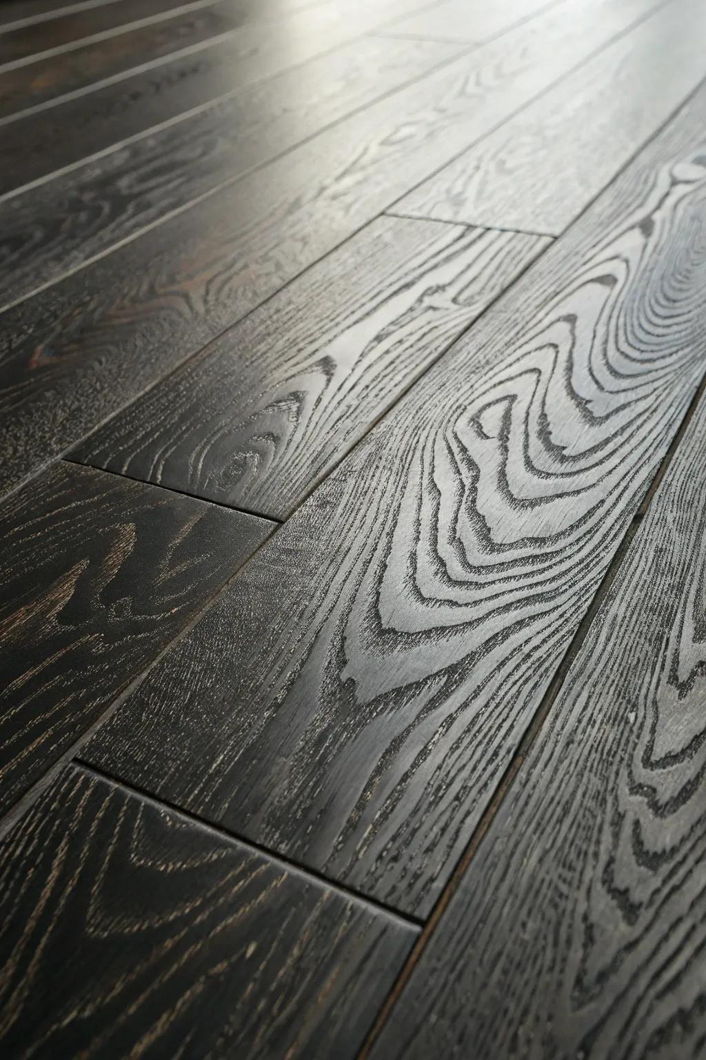 Comprehensive view of rich texture in dark hardwood floor.