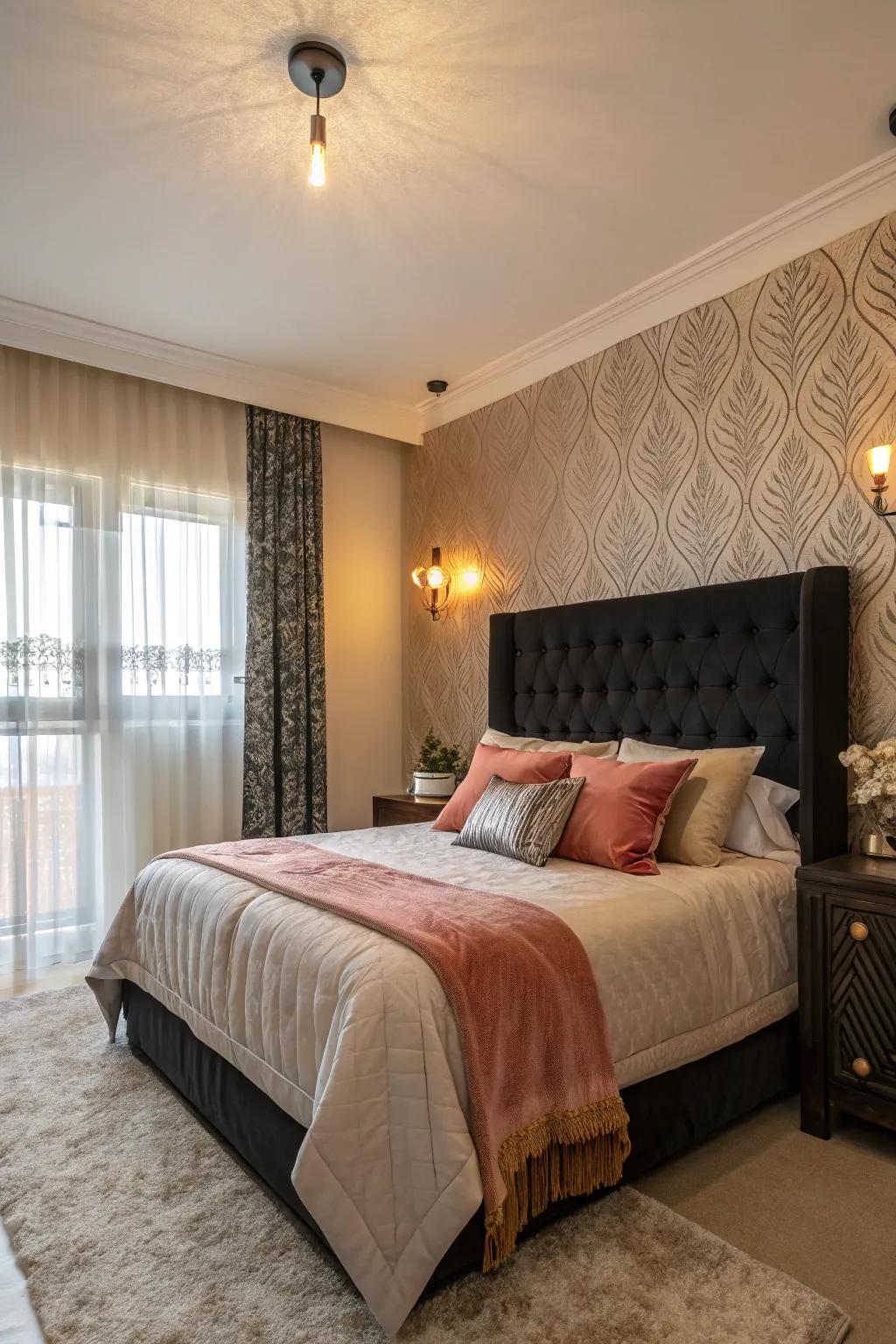 Dramatic bedroom featuring a dark-toned headboard and accent wall