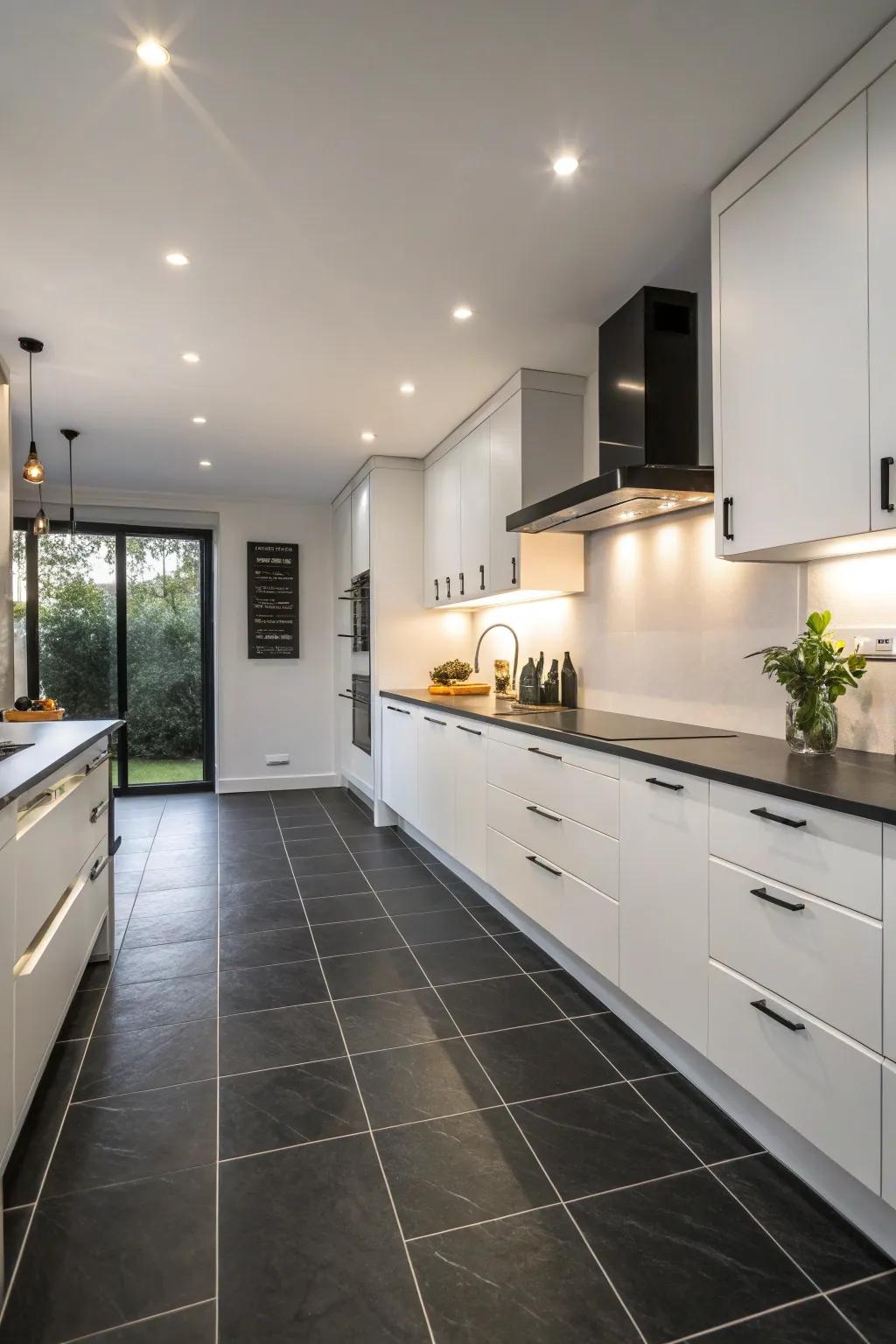 A kitchen elegantly featuring satin ebony floor tiles using a subtle finish.