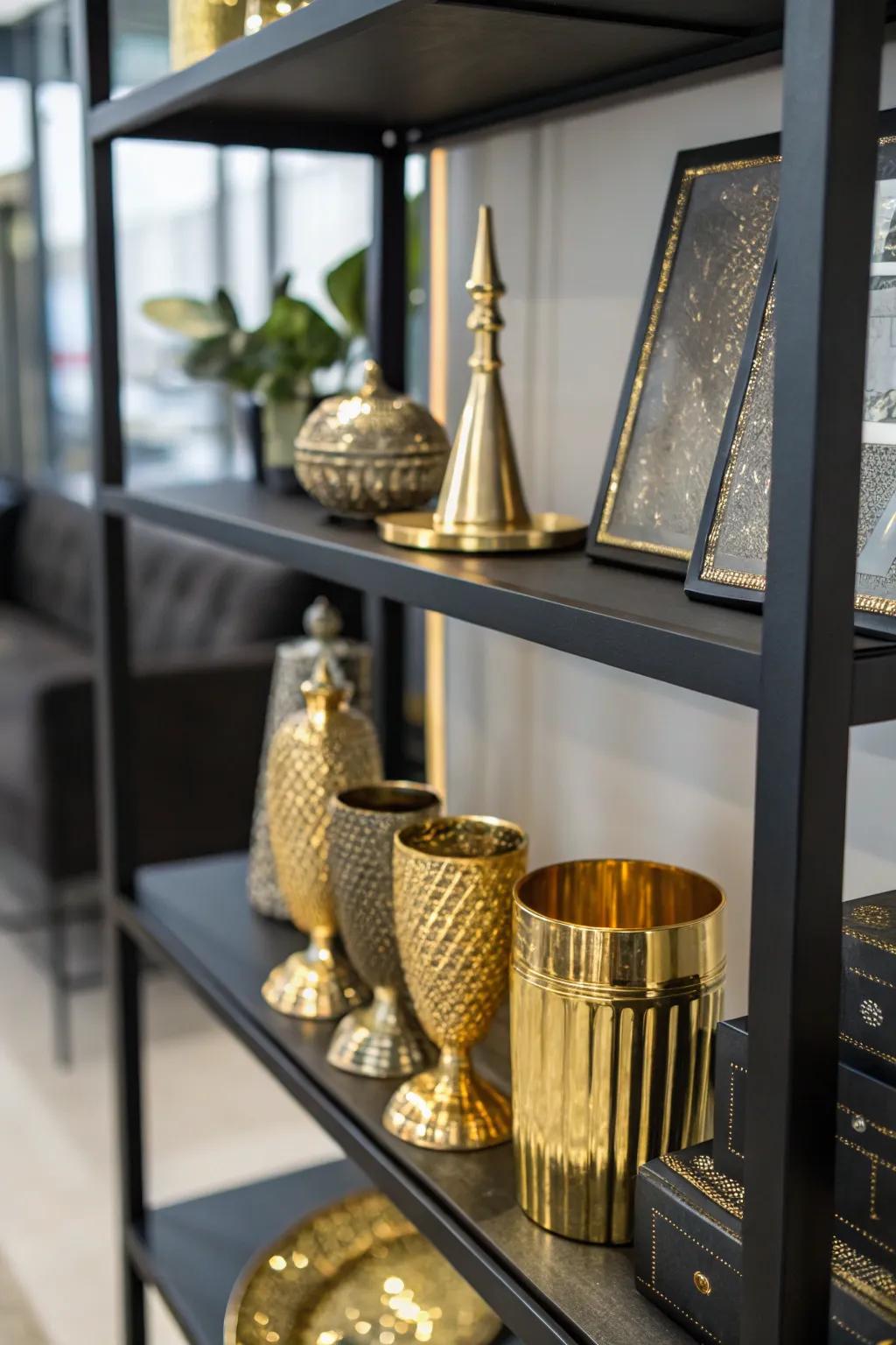 Metallic decor pieces that contribute glamour to a dark-colored shelf.