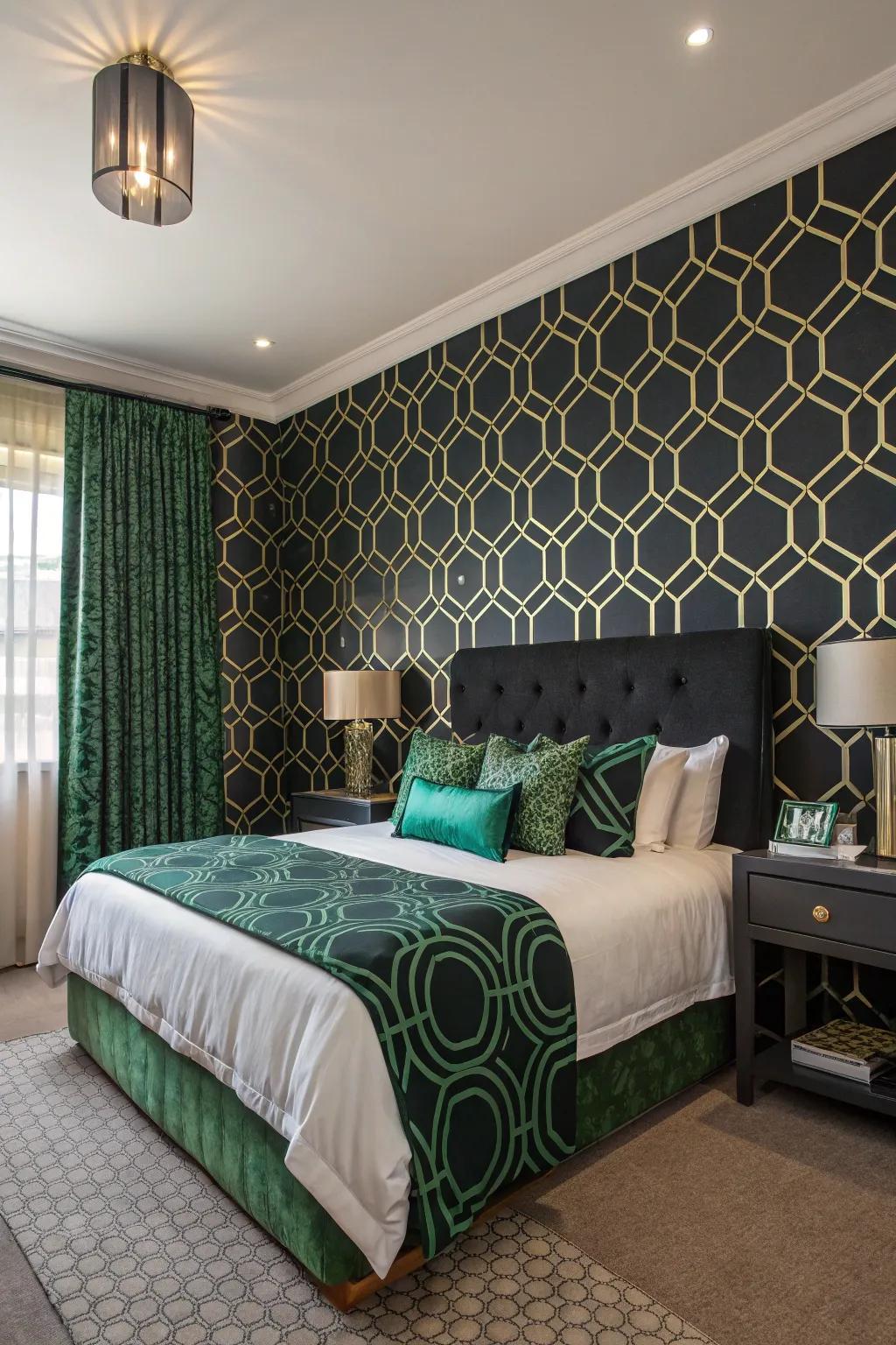 Geometric motifs providing a contemporary inflection to the bedroom.