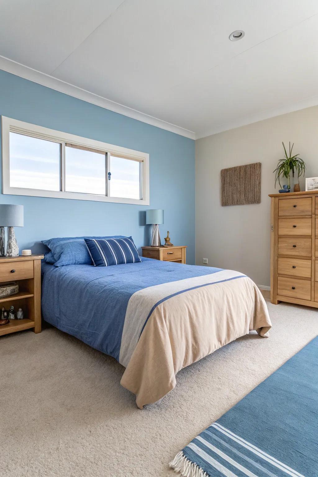 A serene and tidy atmosphere is created by minimalist decor in blue and beige.