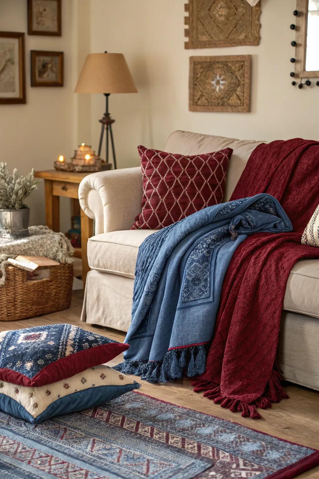 Stratified textiles in azure and wine tones enrich depth and warmth.