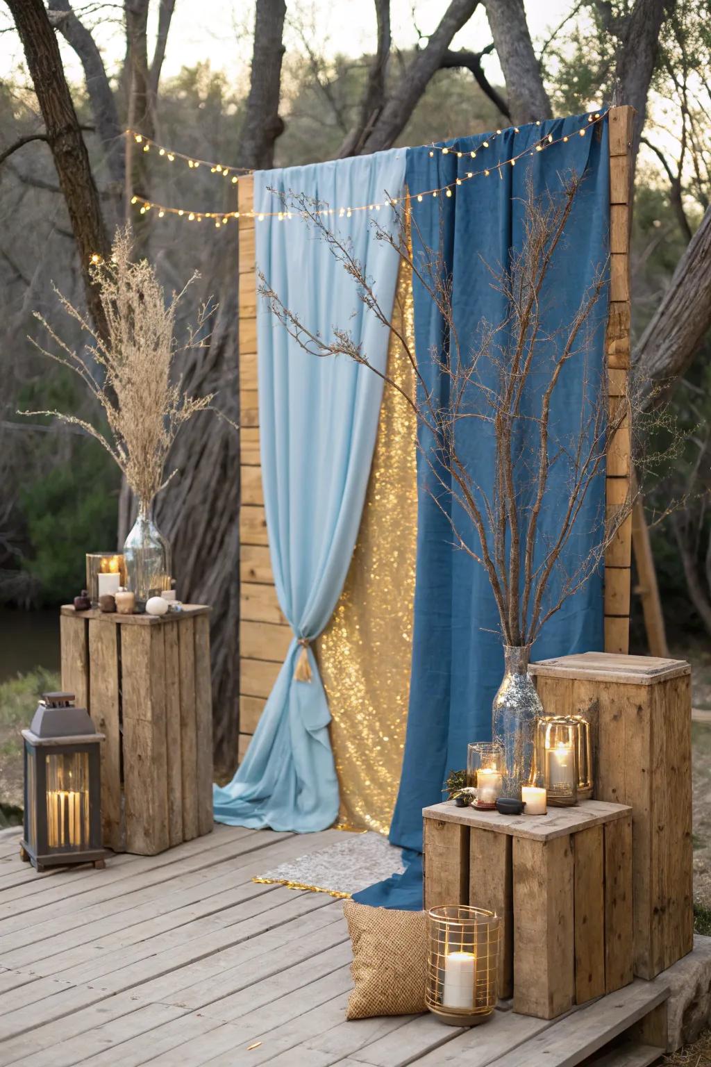 Include heat with a rustic blue and gold style.