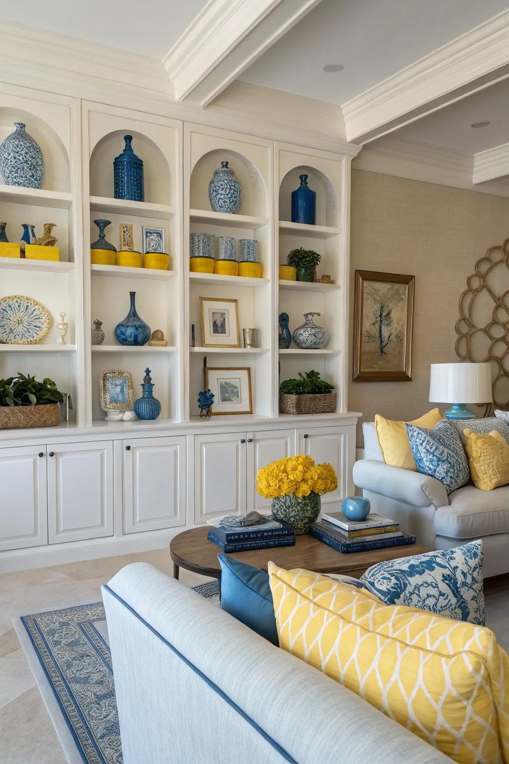 Shelving styled with azure and gold accessories for a sophisticated element.