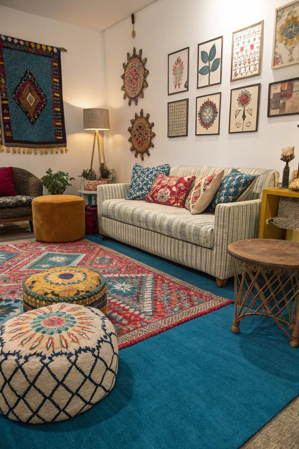 An eclectic mix turns a lounge with blue carpet into a vibrant, personalized haven.
