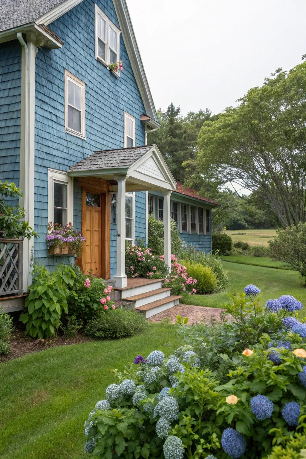 Textured siding imparts dimension and interest to blue homes.