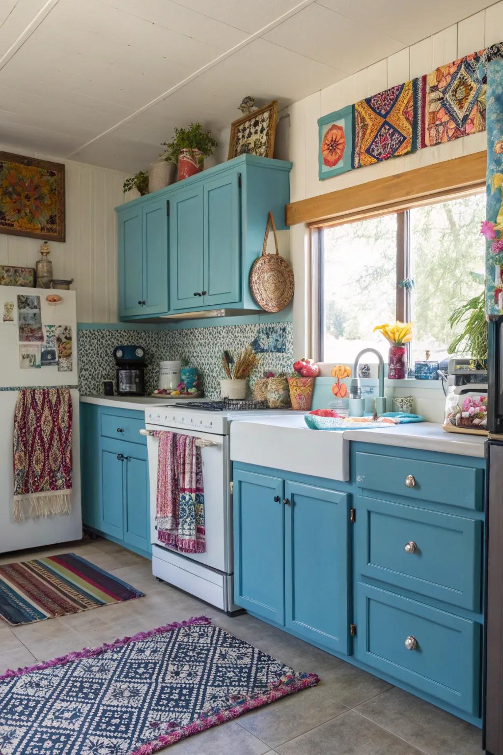 A diverse amalgamation of azure gradations in cupboards conjures a vibrant and tailored cooking area zone.