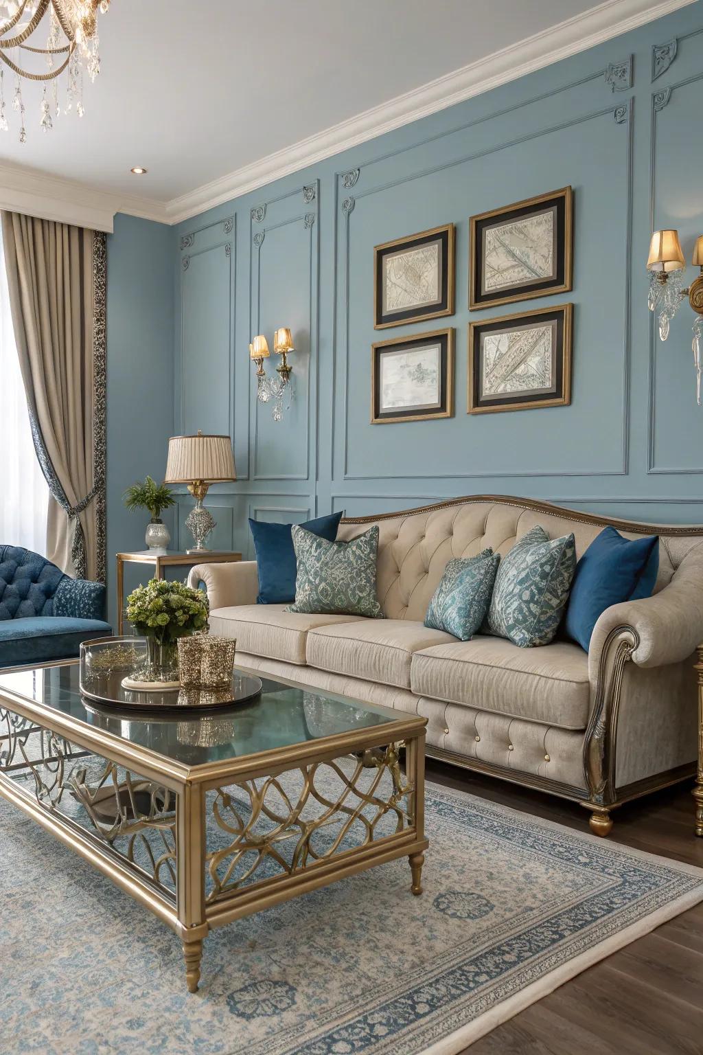 Metallic accents bring a glamorous touch to the blue-themed living room.