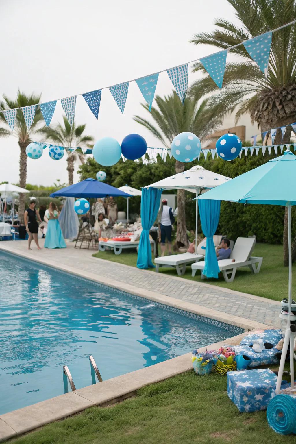 An azure-themed poolside party setup, ideal for summer amusement.