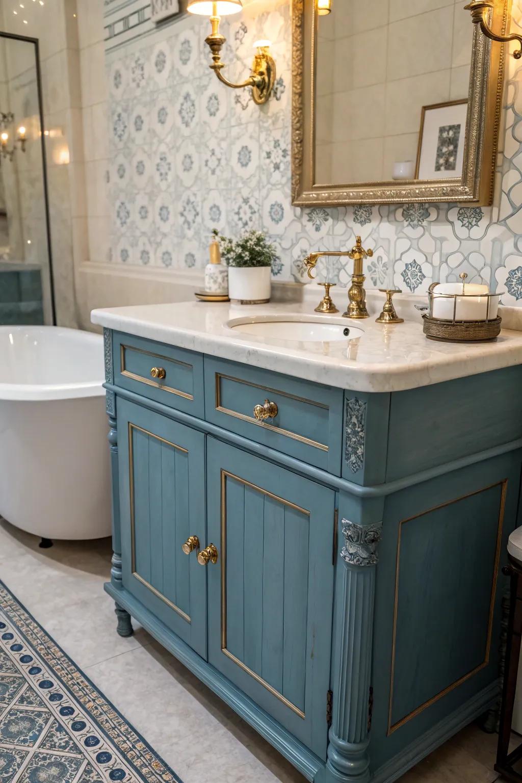 Retro vibes impart timeless charm to a blue vanity.