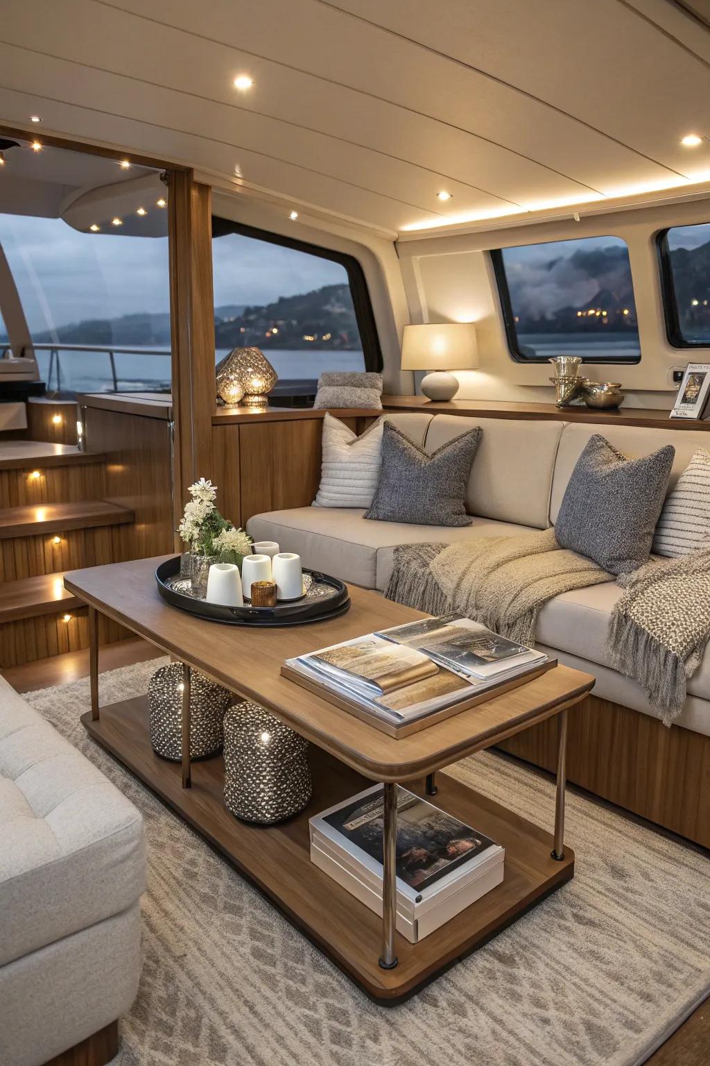 Multi-tiered coffee table situated in a stylish boat cabin.