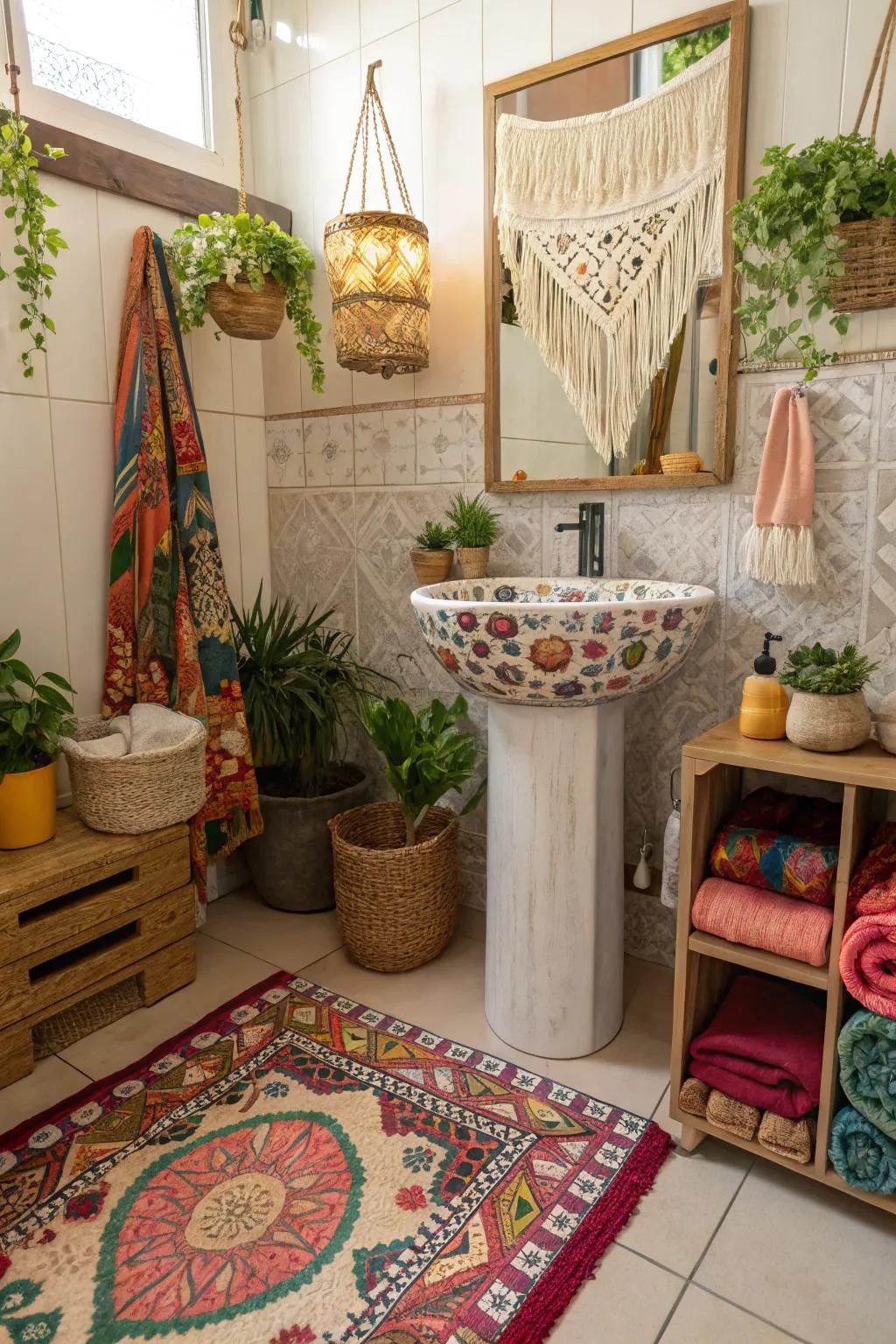 A boho bathroom displaying a distinctive sink design.