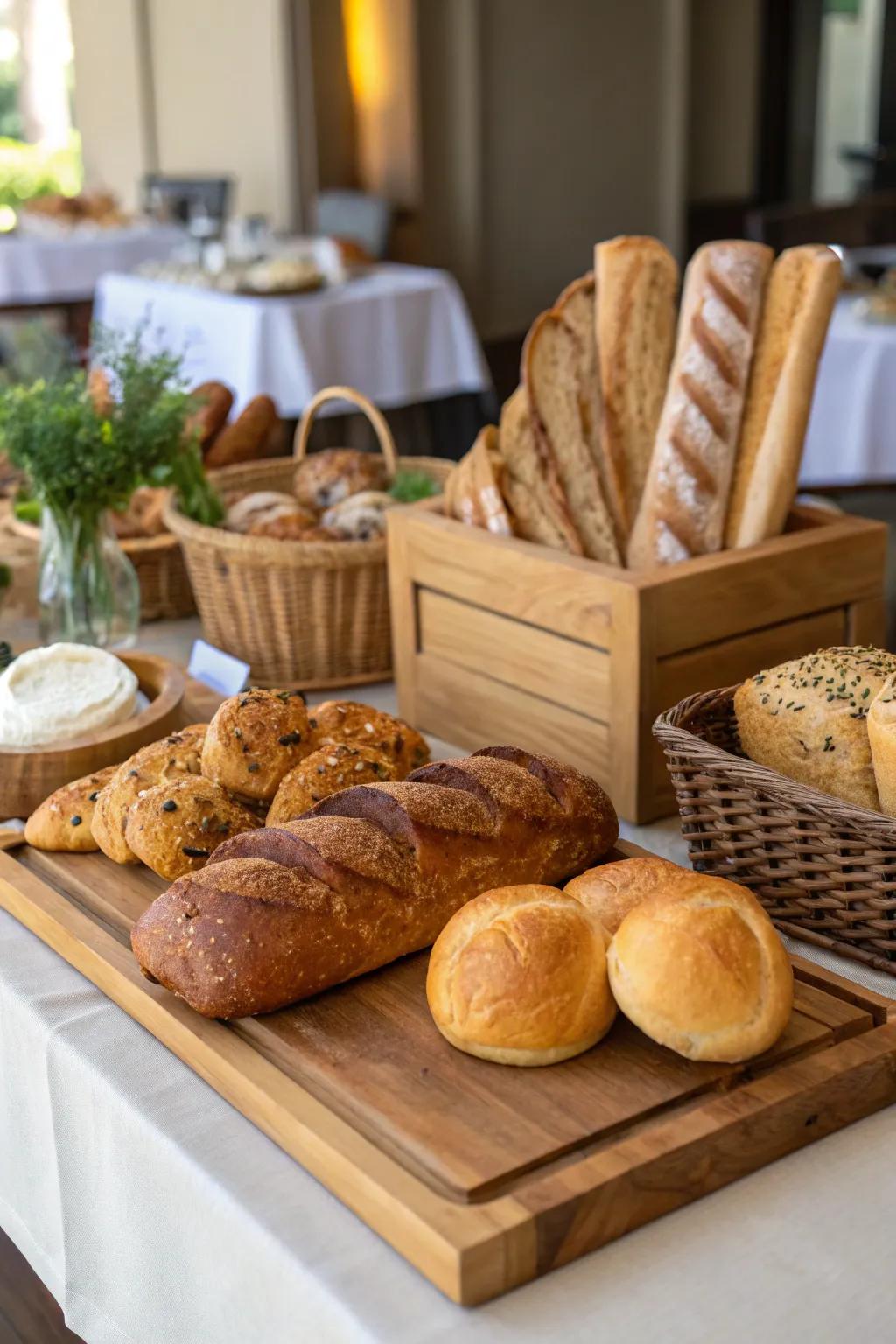 A rustic display of artisan breads serves as a delicious centerpiece.