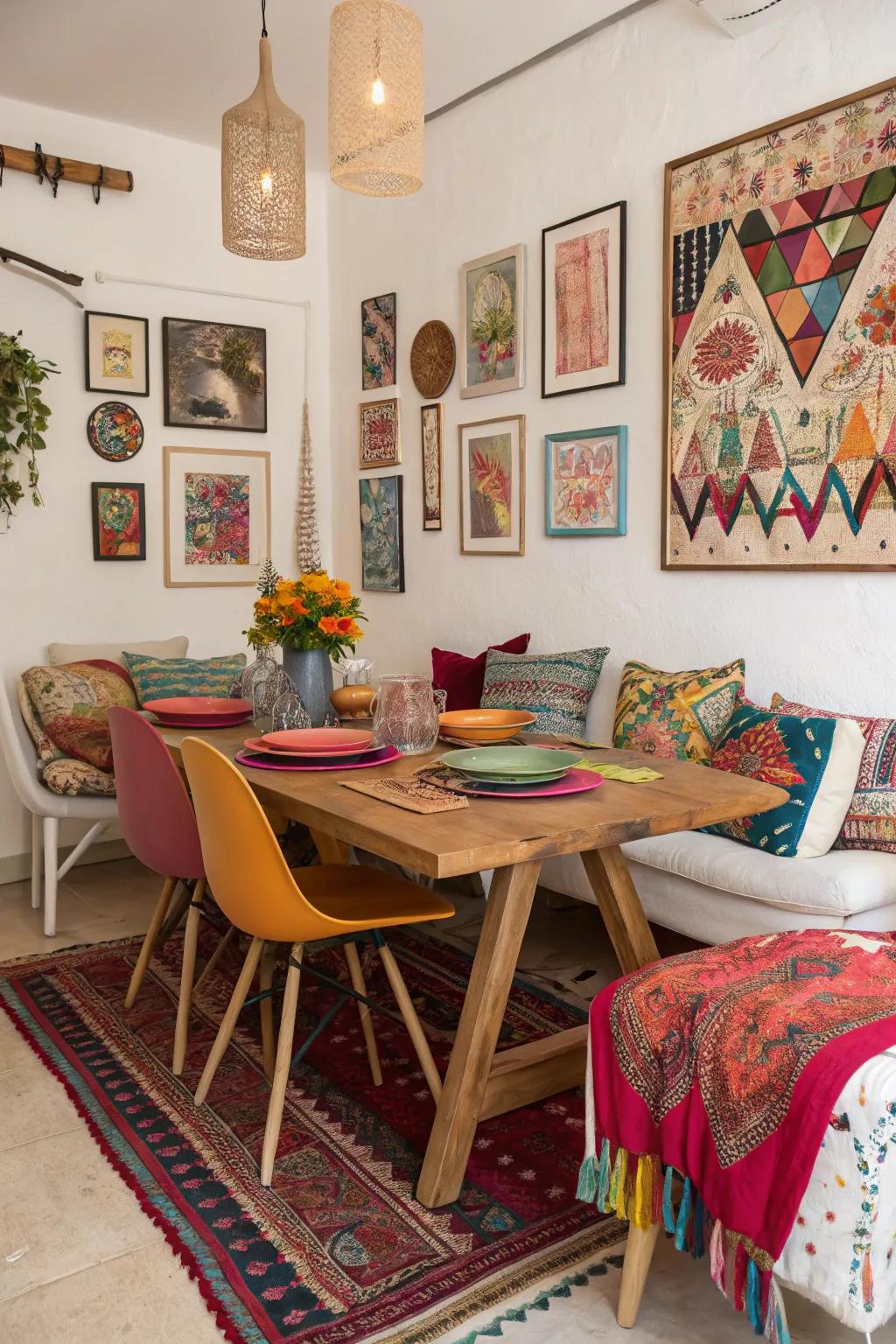 Colorful accents contributing intrigue to a boho dining space.