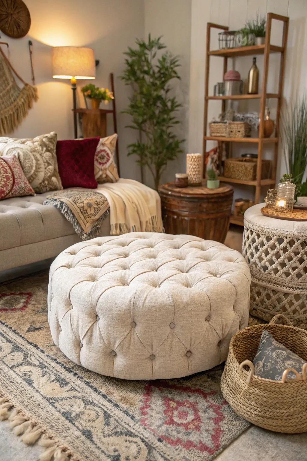 A cushioned ottoman functions as a stylish and functional focal point.