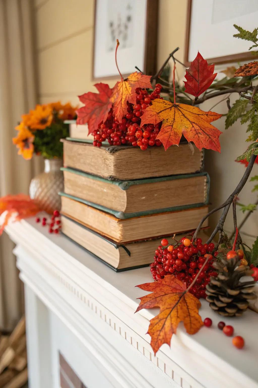Seasonal elements blend seamlessly with book arrangements.