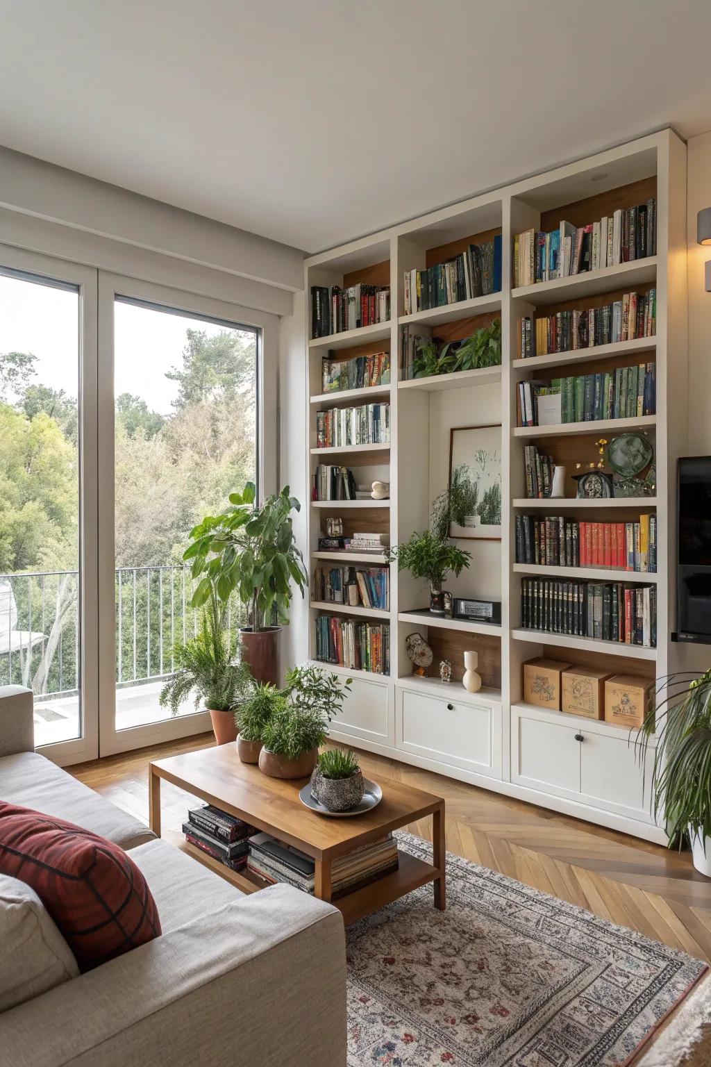A shelf that enriches and unifies with the living area decor.